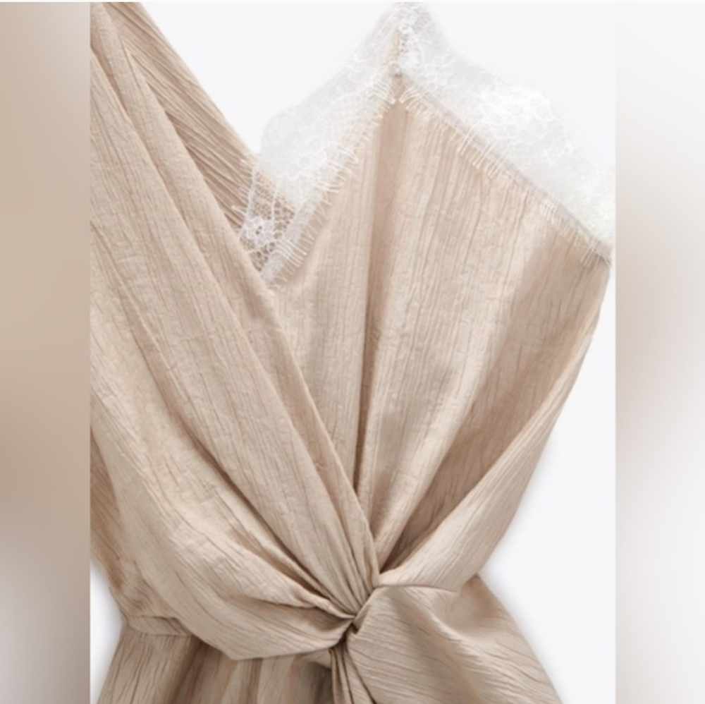 WOMEN'S Zara ASYMMETRICAL TOP Shirt BLOUSE WITH Lace SZ XL CHAMPAGNE COLOR $50 - Picture 6 of 6